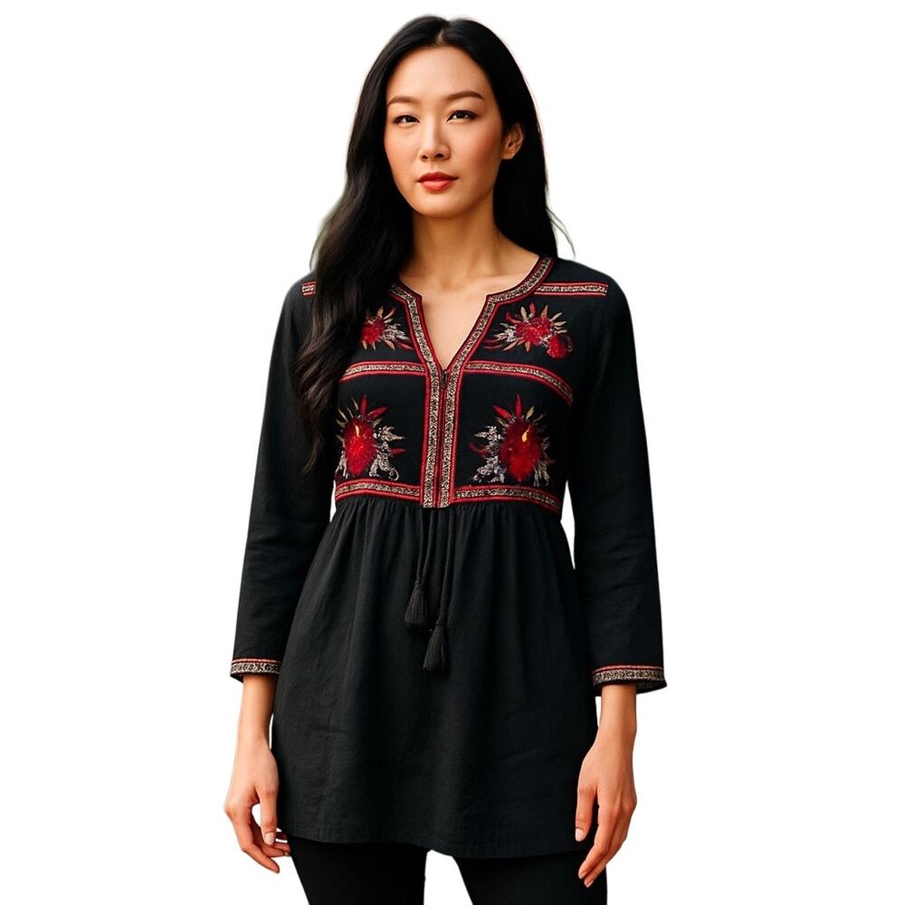 Embroidered Baby Doll Tassel Bell Sleeve Tunic S/P Boho Retro Gypsy Cottage Core
